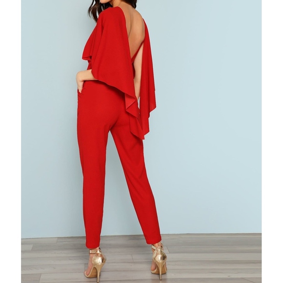 MBM Unlimited Dresses & Skirts - Red Cascade Cape Backless Cocktail Jumpsuit